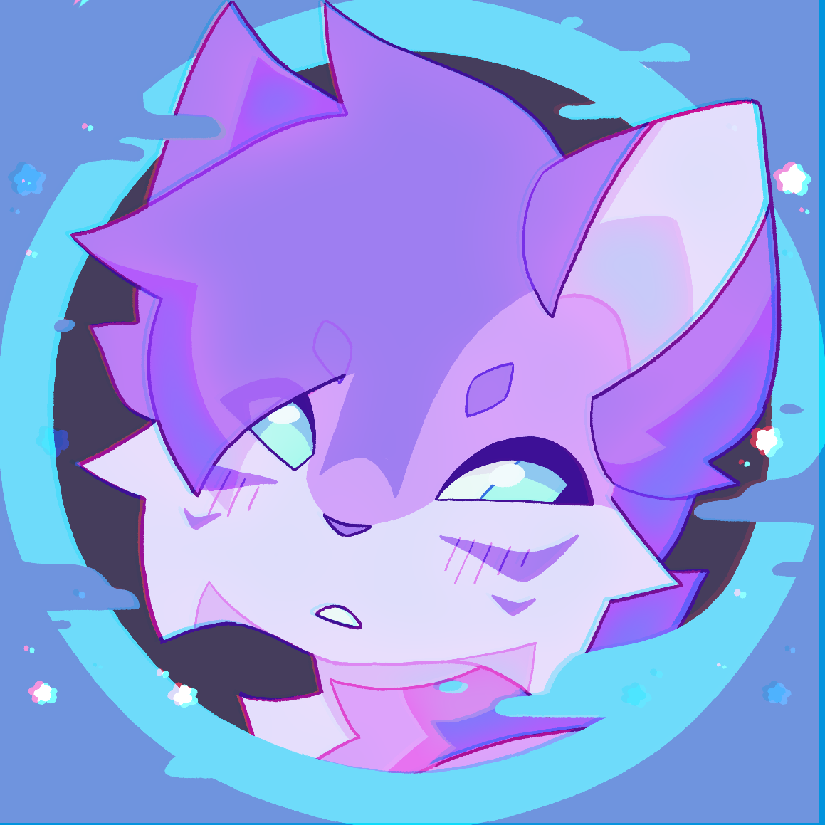 The profile picture of Vinqou, consisting of a cat head in a purple palette.